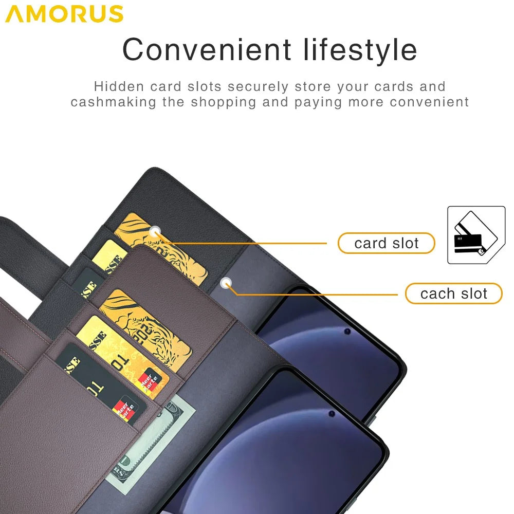 AMORUS For Samsung Galaxy S26 Stand Cases Calf Texture Genuine Split Leather Wallet Phone Cover - Brown - 7