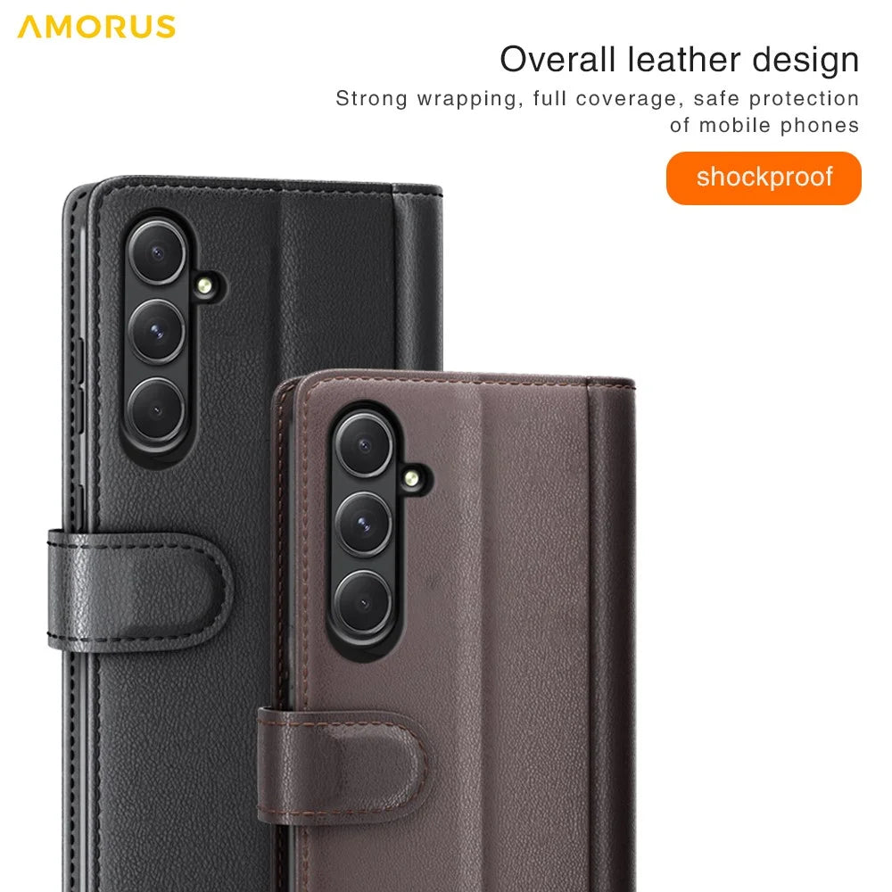 AMORUS For Samsung Galaxy A55 5G Stand Cases Calf Texture Genuine Split Leather Wallet Phone Cover - Brown - 5