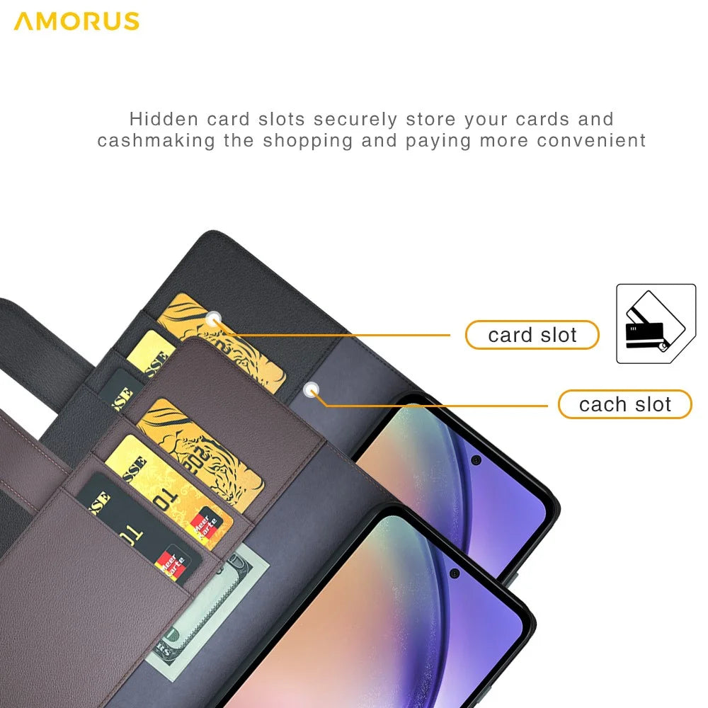 AMORUS For Samsung Galaxy A35 5G Stand Cases Calf Texture Genuine Split Leather Wallet Phone Cover - Black - 6