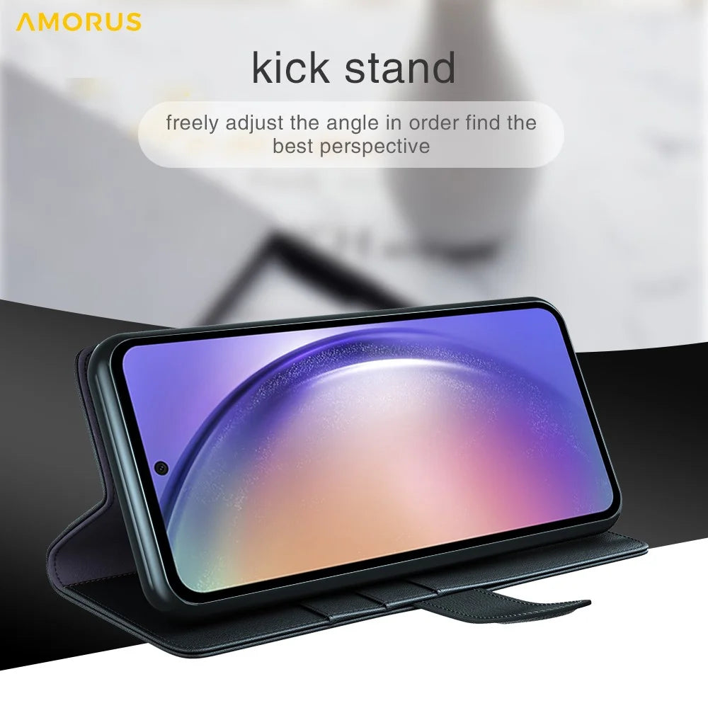 AMORUS For Samsung Galaxy A35 5G Stand Cases Calf Texture Genuine Split Leather Wallet Phone Cover - Black - 7