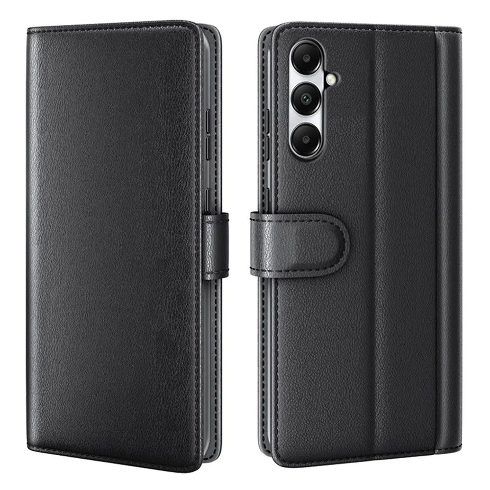 AMORUS For Samsung Galaxy A05s 4G Stand Cases Calf Texture Genuine Split Leather Wallet Phone Cover - Black - 1