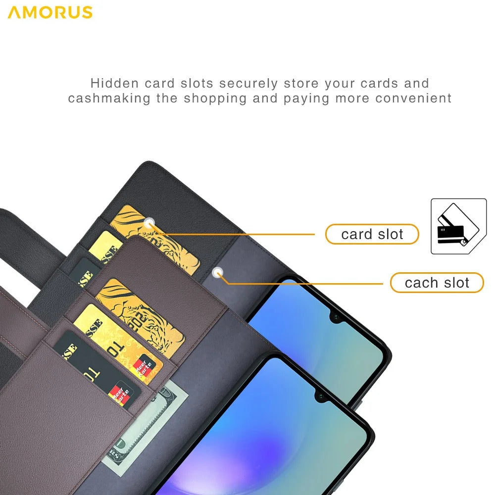 AMORUS For Samsung Galaxy A05s 4G Stand Cases Calf Texture Genuine Split Leather Wallet Phone Cover - Black - 5