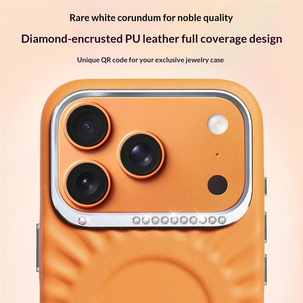 JAUCASE For iPhone 17 Pro Case Compatible with MagSafe Rhinestone Decor Metal Lens Frame PU + TPU Phone Back Cover - Orange - 2