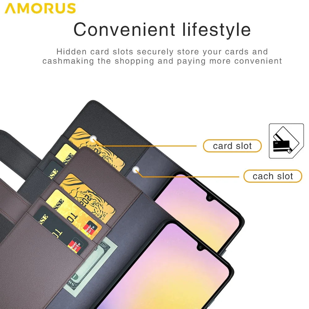 AMORUS For Samsung Galaxy S23 FE Stand Cases Calf Texture Genuine Split Leather Wallet Phone Cover - Black - 7