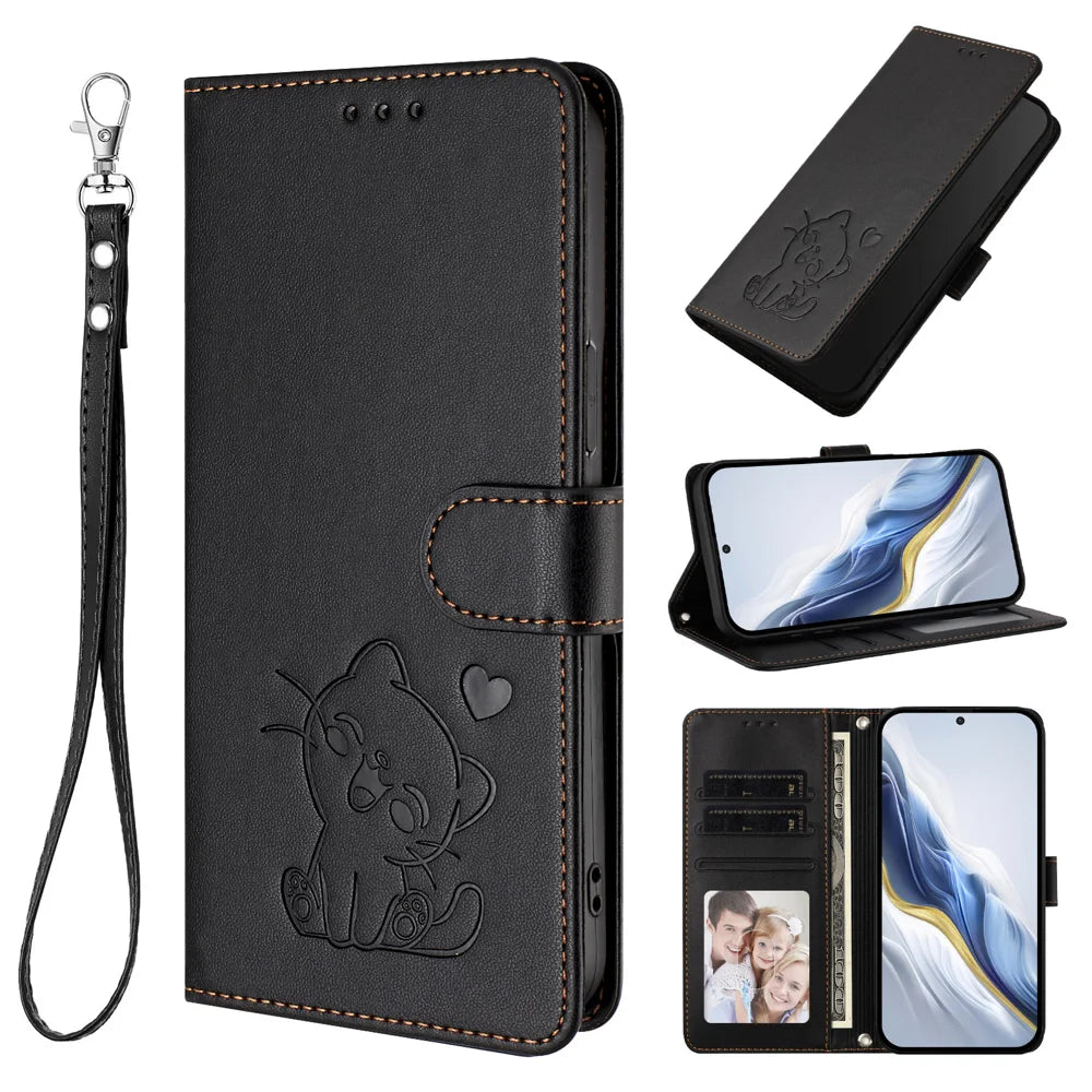 For Samsung Galaxy A57 5G Wallet Case with Wrist Strap Love Cat Pattern Imprint Leather Phone Cover - Black - 4