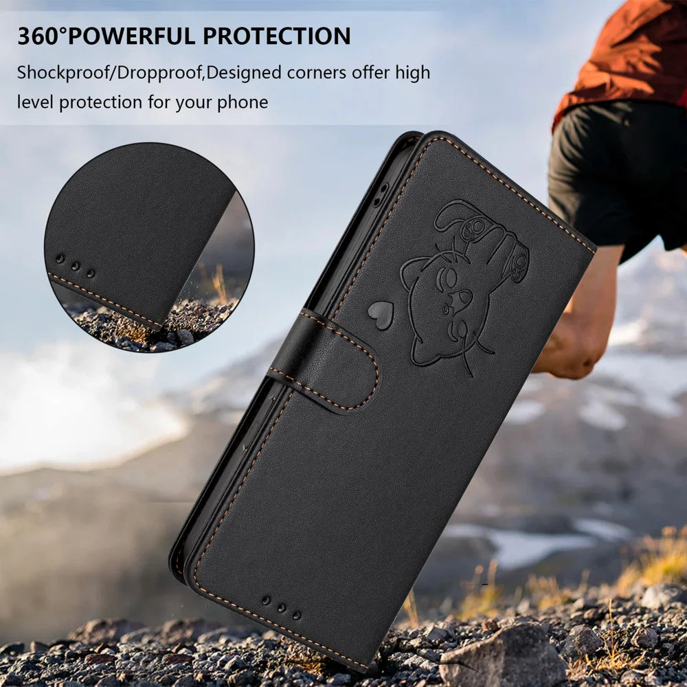For Samsung Galaxy A57 5G Wallet Case with Wrist Strap Love Cat Pattern Imprint Leather Phone Cover - Black - 7