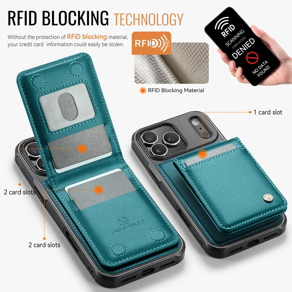 JEEHOOD For iPhone 17 Pro Max Leather Back Cover  J06 Magnetic Phone Case with Card Bag RFID Blocking - Blue - 2