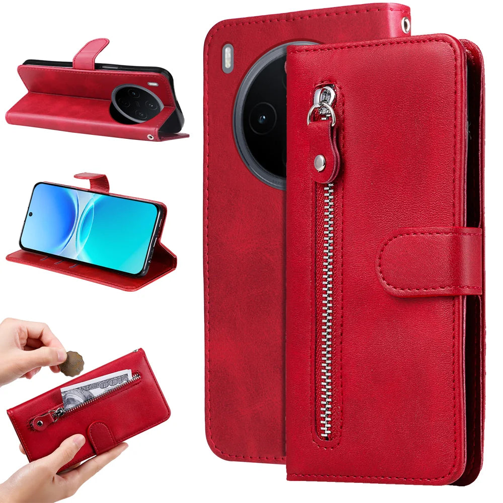 For vivo Y500 Pro 5G PU Leather Cases with Zipper Pocket Wallet Phone Cover Stand - Red - 2