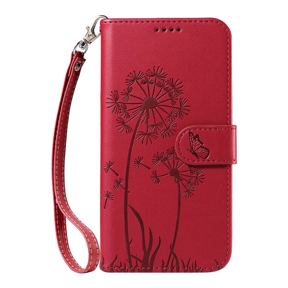 For Samsung Galaxy S26+ Leather Wallet Case with Strap Dandelion Imprint Phone Stand Cover - Red - 6