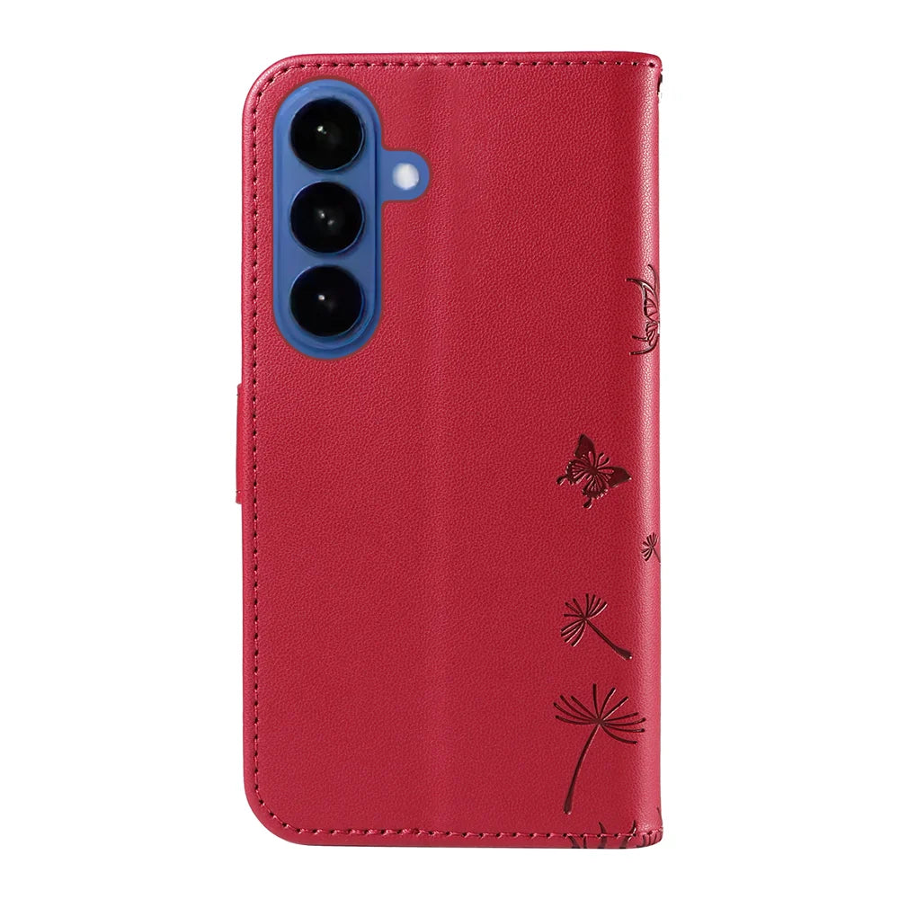 For Samsung Galaxy S26+ Leather Wallet Case with Strap Dandelion Imprint Phone Stand Cover - Red - 7