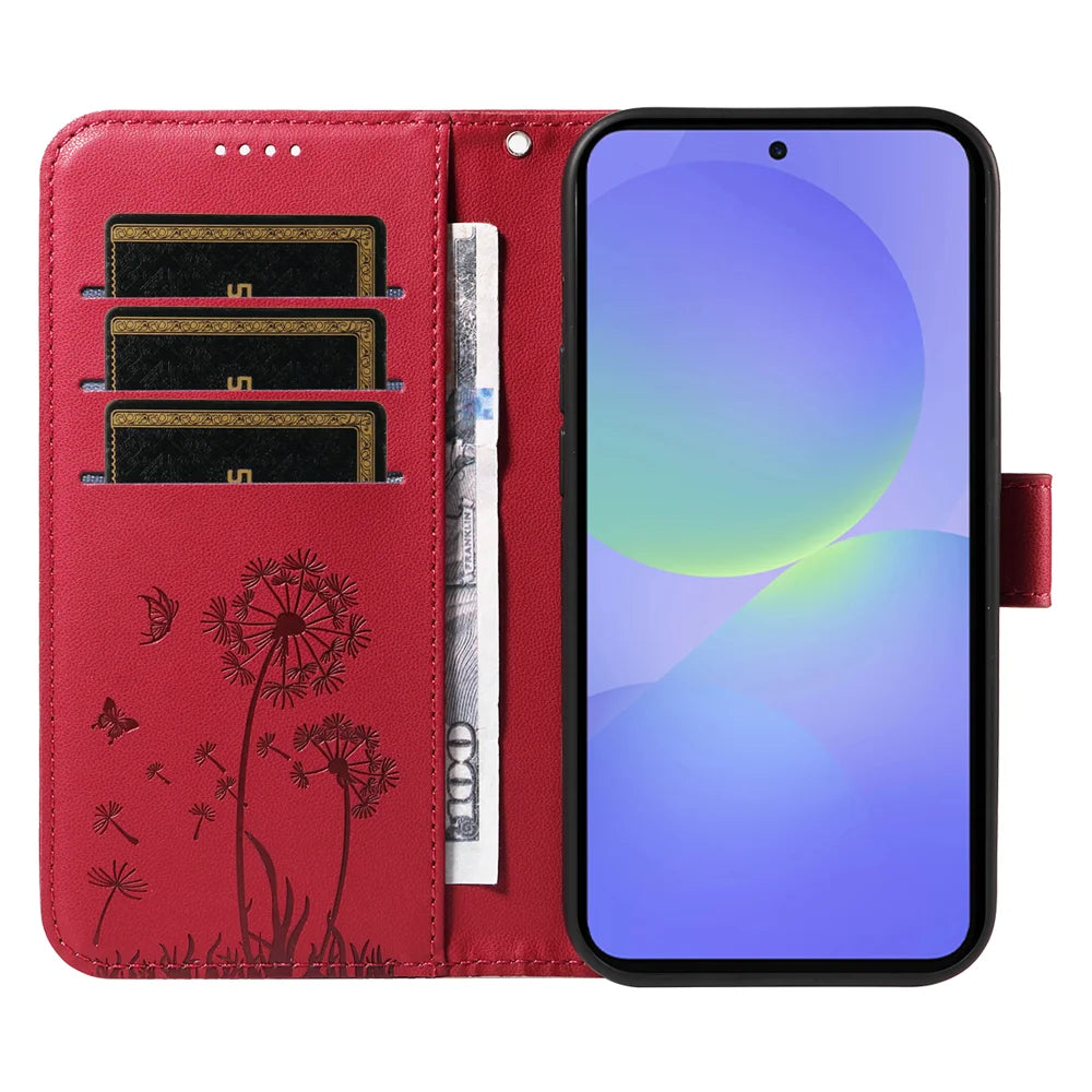For Samsung Galaxy A37 5G Leather Wallet Case with Strap Dandelion Imprint Phone Stand Cover - Red - 2