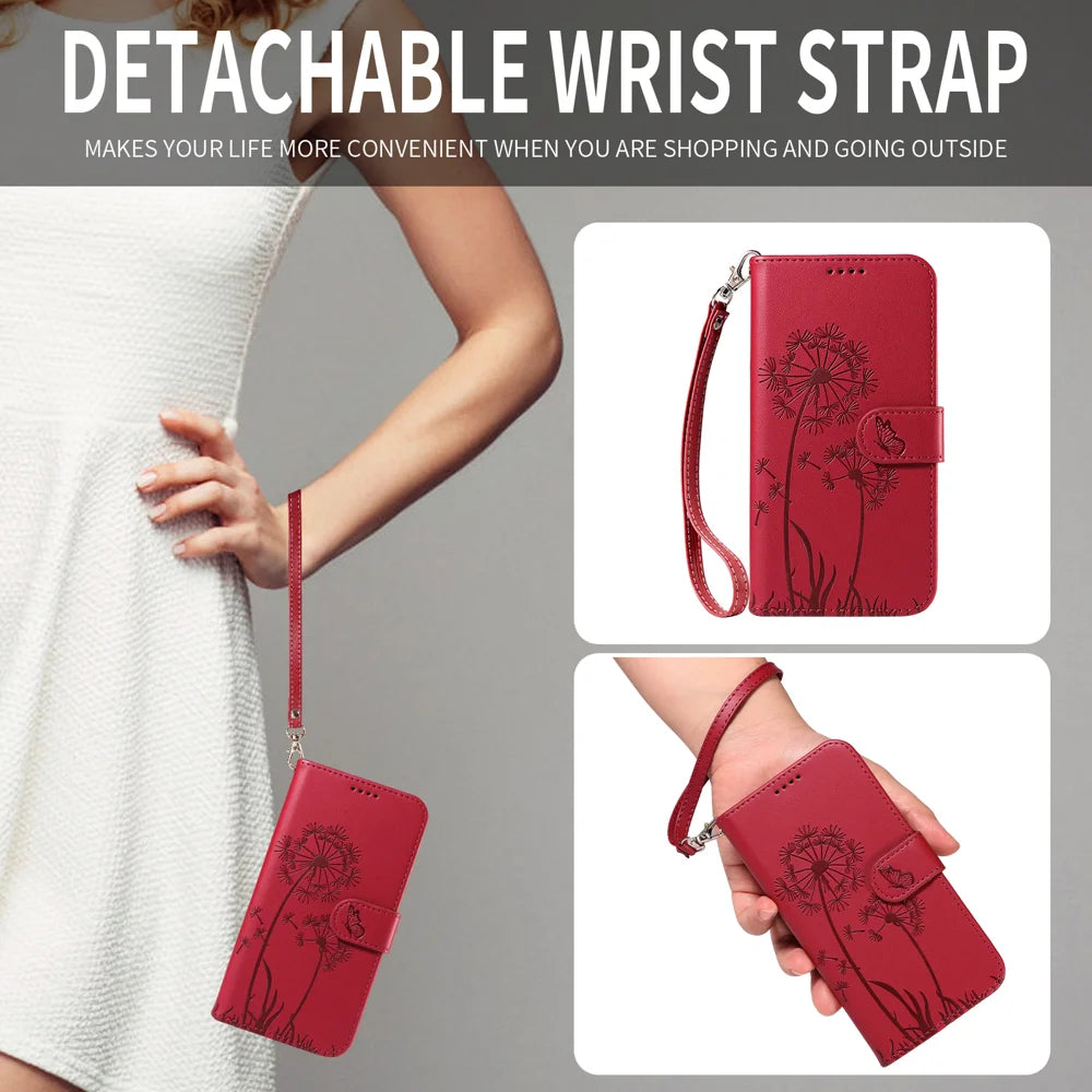 For Samsung Galaxy A37 5G Leather Wallet Case with Strap Dandelion Imprint Phone Stand Cover - Red - 4