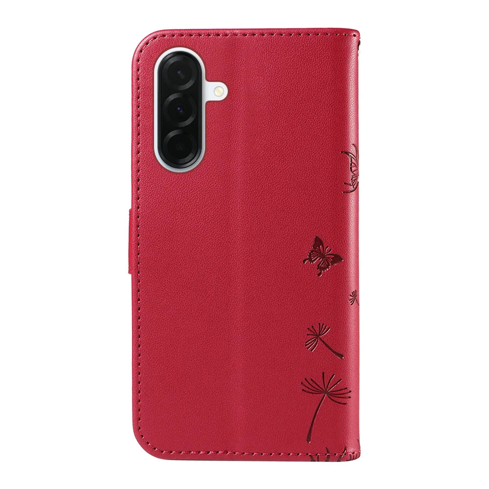 For Samsung Galaxy A37 5G Leather Wallet Case with Strap Dandelion Imprint Phone Stand Cover - Red - 7