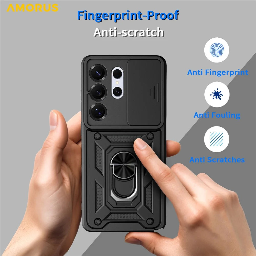 AMORUS For Samsung Galaxy S26 Ultra Case Kickstand PC + TPU Phone Cover with Camera Lens Slider - Black - 2