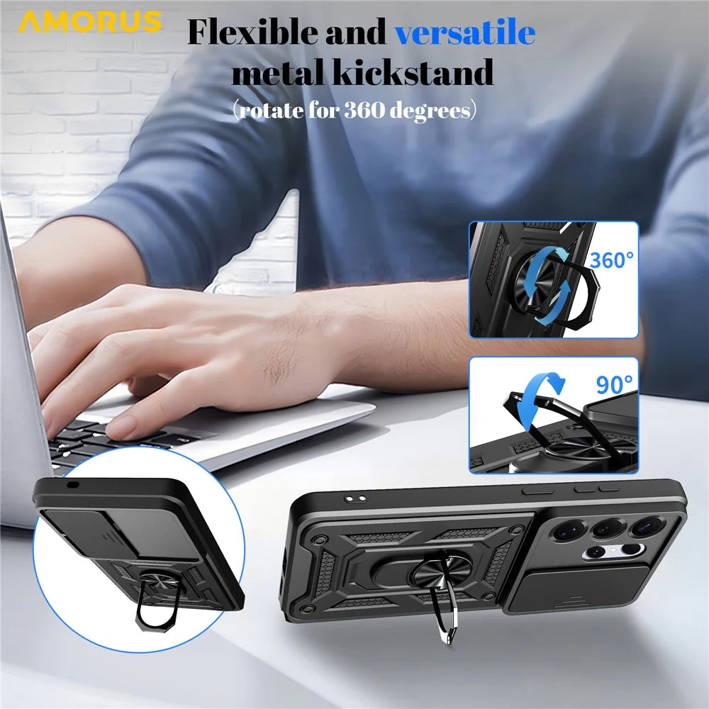 AMORUS For Samsung Galaxy S26 Ultra Case Kickstand PC + TPU Phone Cover with Camera Lens Slider - Black - 4