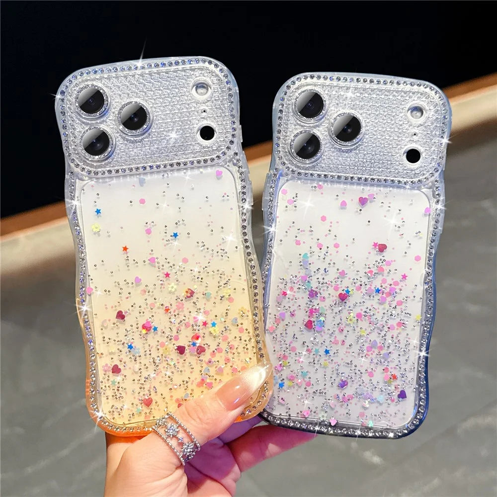 For iPhone  18 Pro / 17  Pro Case Glitter Epoxy Design TPU Protective Case with Sparkly Rhinestone Decor Wave Frame - Gradient Yellow - 6