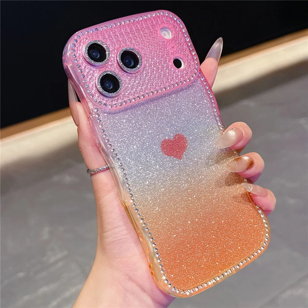 For iPhone 18 Pro Max / 17 Pro Max Case Sparkle Rhinestone Decor TPU Phone Cover with Glitter Gradient Card - Pink / Orange - 1