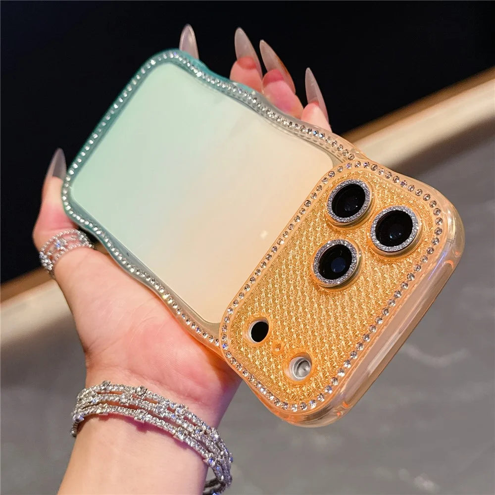 For iPhone 17 Pro Max Case Rhinestone Decor Wave Frame Gradient Design TPU Phone Cover - Orange / Green - 2