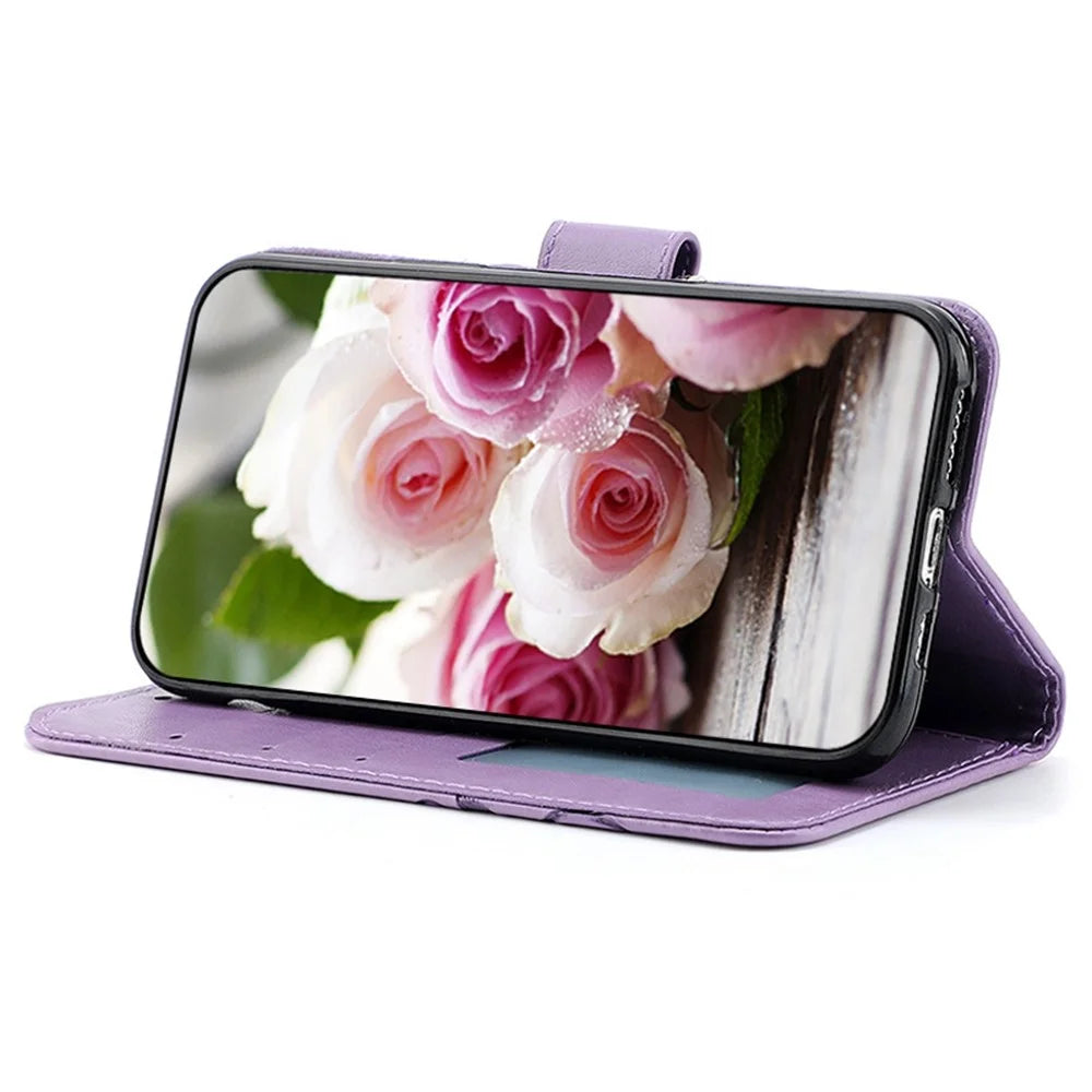 For Samsung Galaxy S26 Case Wallet Stand Imprinted Rose Butterfly PU Leather Phone Cover - Purple - 3