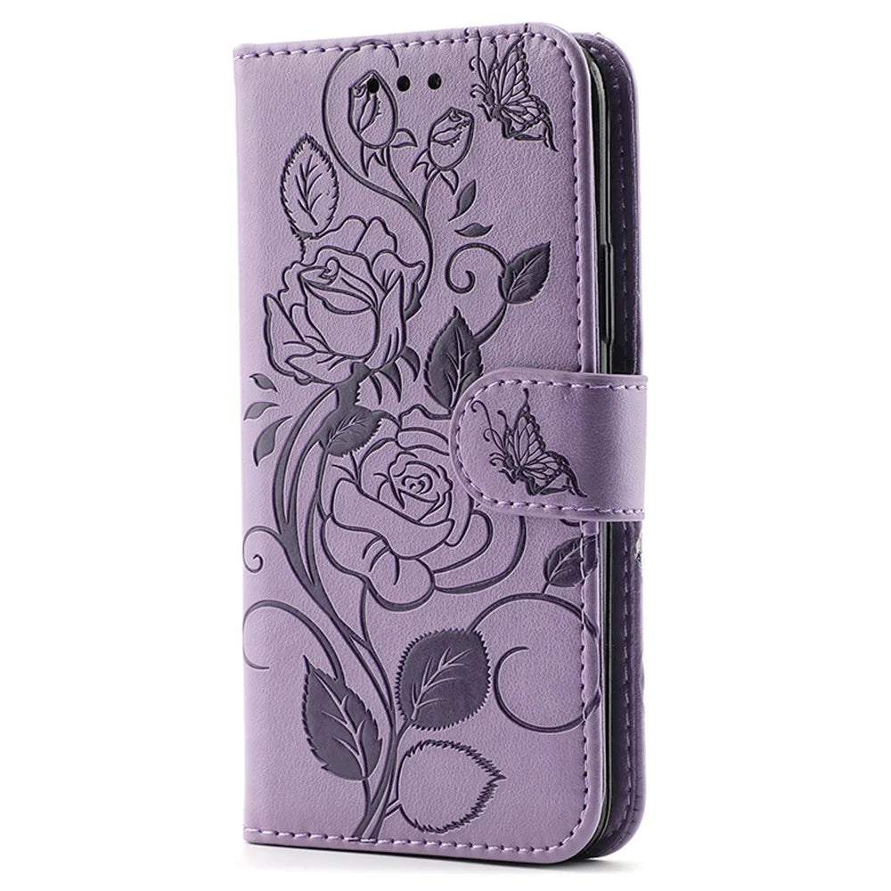 For Samsung Galaxy S26 Case Wallet Stand Imprinted Rose Butterfly PU Leather Phone Cover - Purple - 4