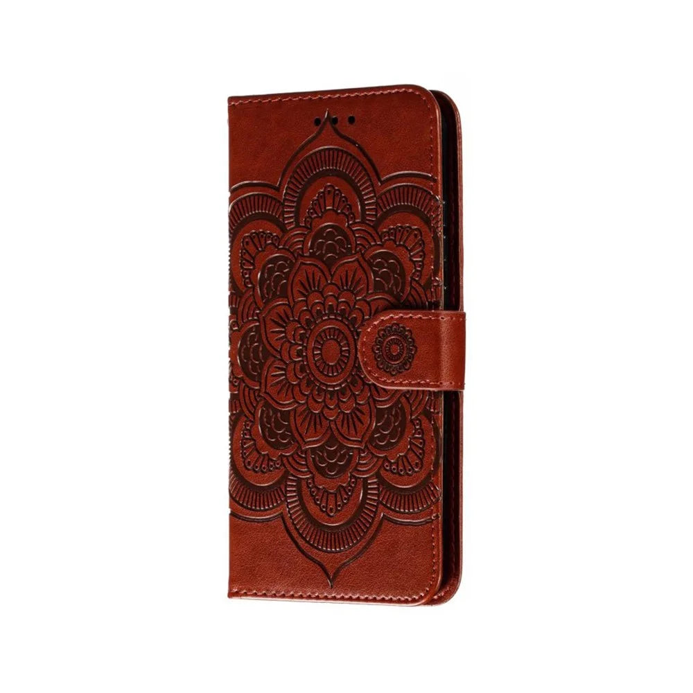 For Samsung Galaxy S26+ Case PU Leather Mandala Imprinted Design Wallet Phone Cover with Wrist Strap - Brown - 6
