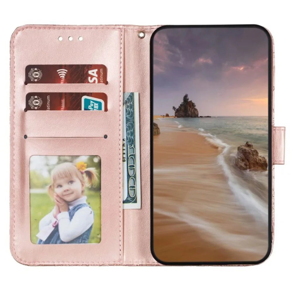 For Samsung Galaxy S26 Case Lace Flowers PU Leather Flip Wallet Phone Cover - Rose Gold - 2