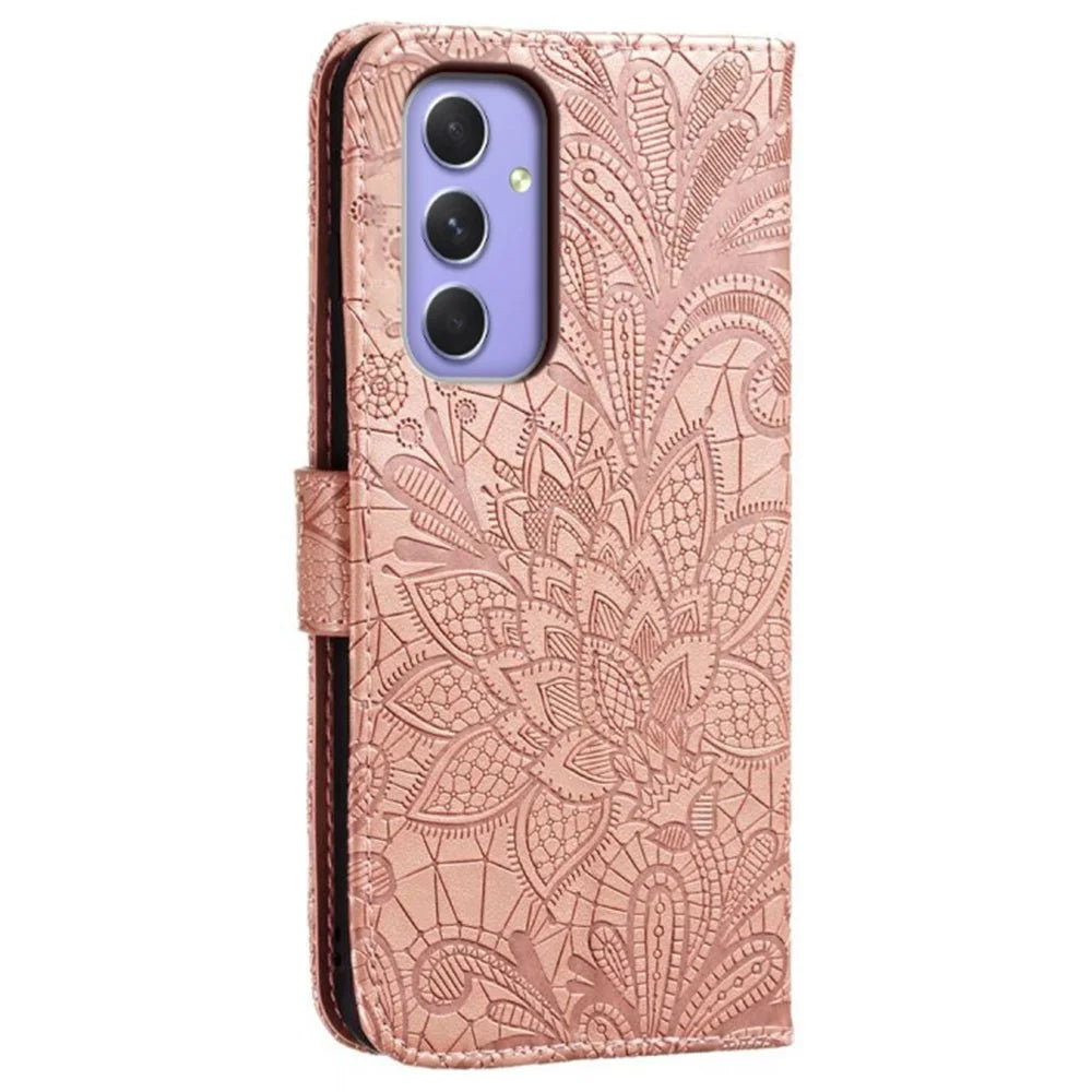 For Samsung Galaxy S26 Case Lace Flowers PU Leather Flip Wallet Phone Cover - Rose Gold - 6