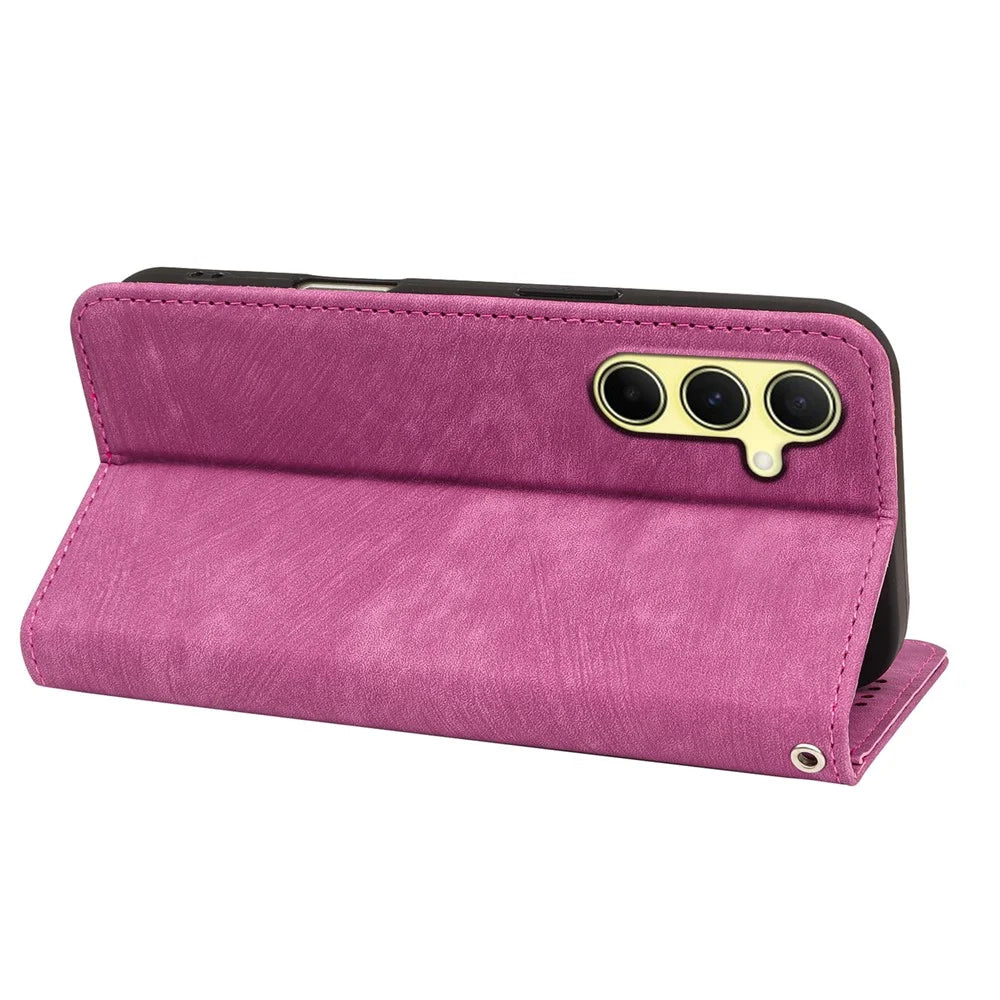 For Samsung Galaxy A27 5G Case Strong Magnetic Leather Wallet Phone Cover with Striped Texture - Rose - 4