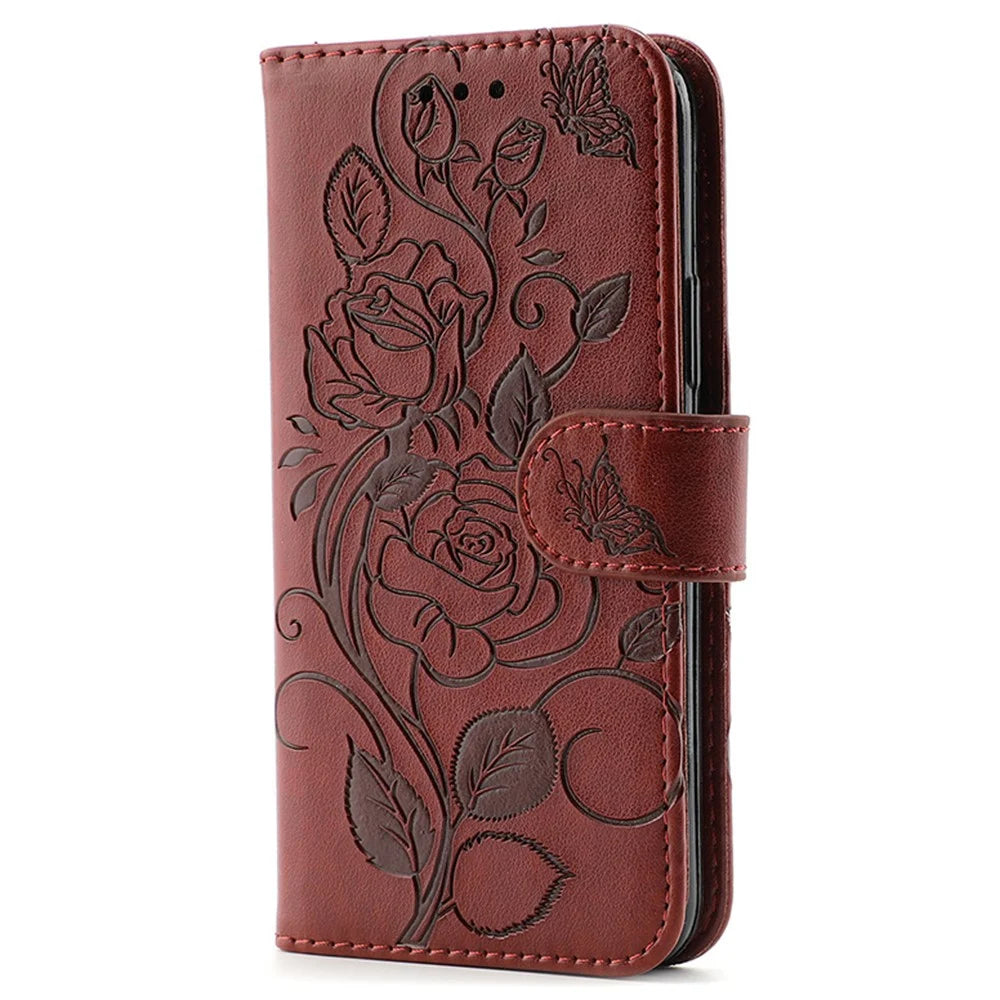 For Samsung Galaxy A27 5G Case Wallet Stand Imprinted Rose Butterfly PU Leather Phone Cover - Brown - 4