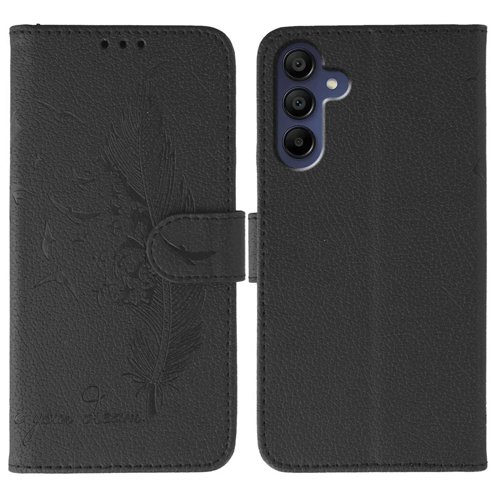 For Samsung Galaxy A37 5G Case Feather Imprint PU Leather Wallet Phone Cover - Black - 1