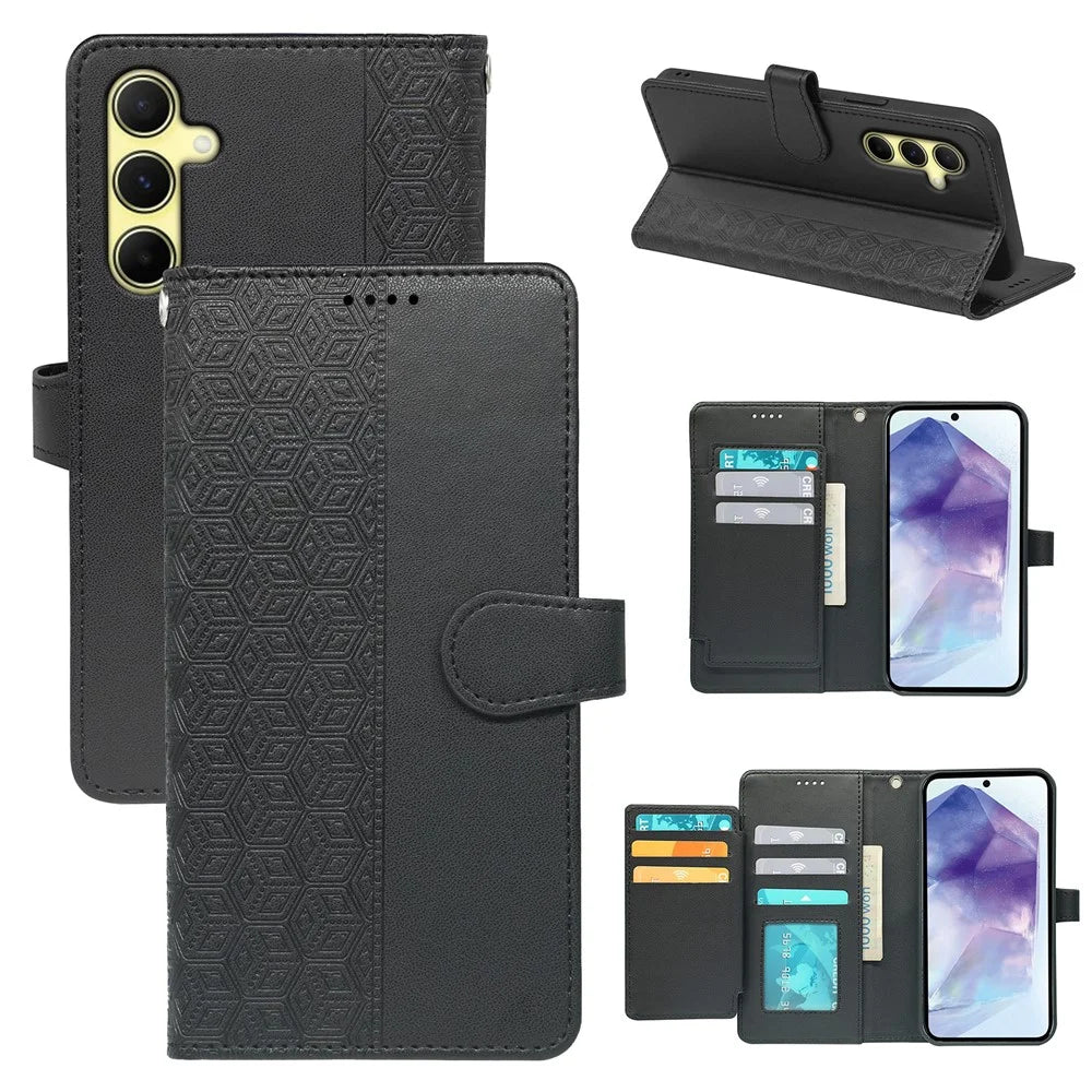 For Samsung Galaxy S26+ Case with 9 Card Slots Checkered Pattern PU Leather Phone Cover - Black - 1