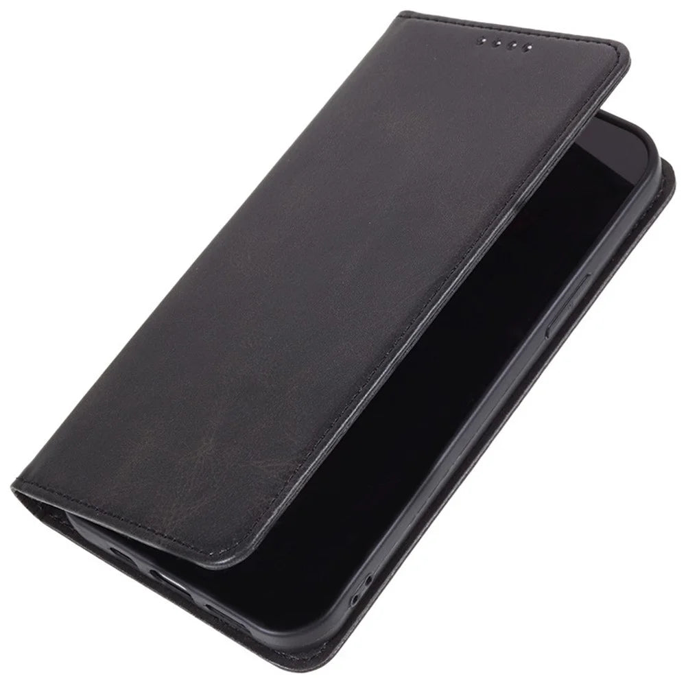 For Samsung Galaxy A57 5G Case Strong Magnetic PU Leather Phone Cover Calf Texture - Black - 5