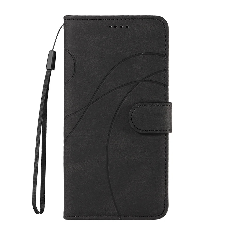 For Samsung Galaxy A37 5G Wallet Case Leather Phone Cover Stand with Curved Line Design -  Black - 6