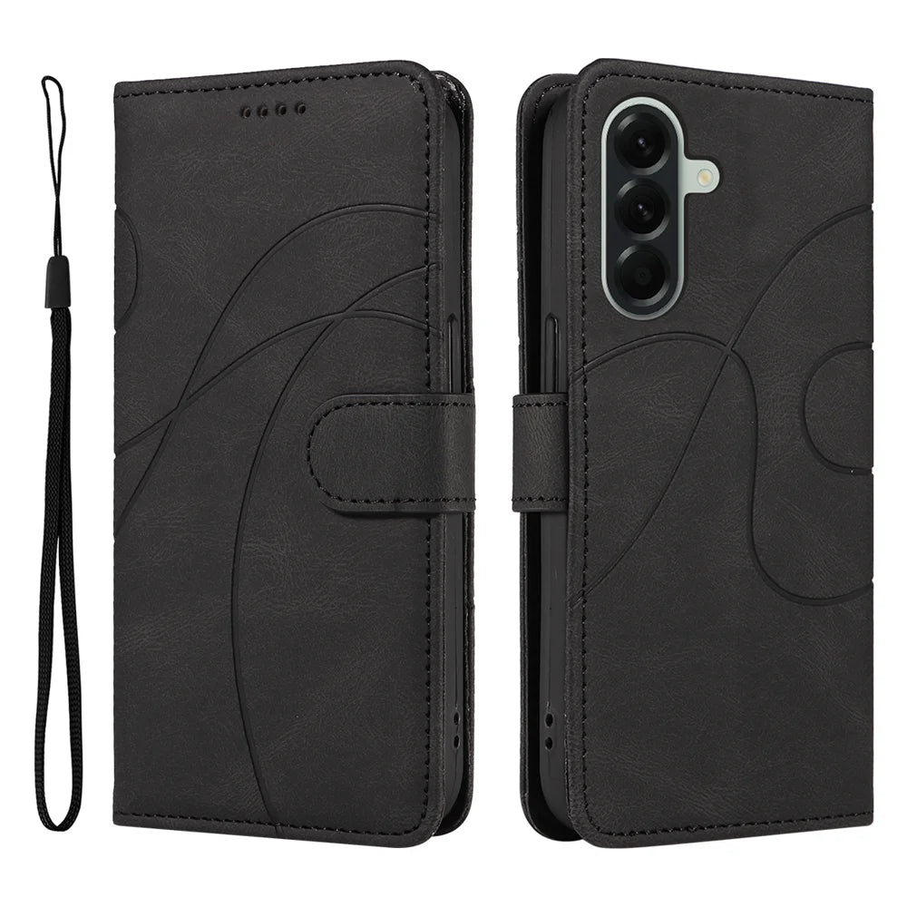 For Samsung Galaxy A57 5G Wallet Case Leather Phone Cover Stand with Curved Line Design -  Black - 1