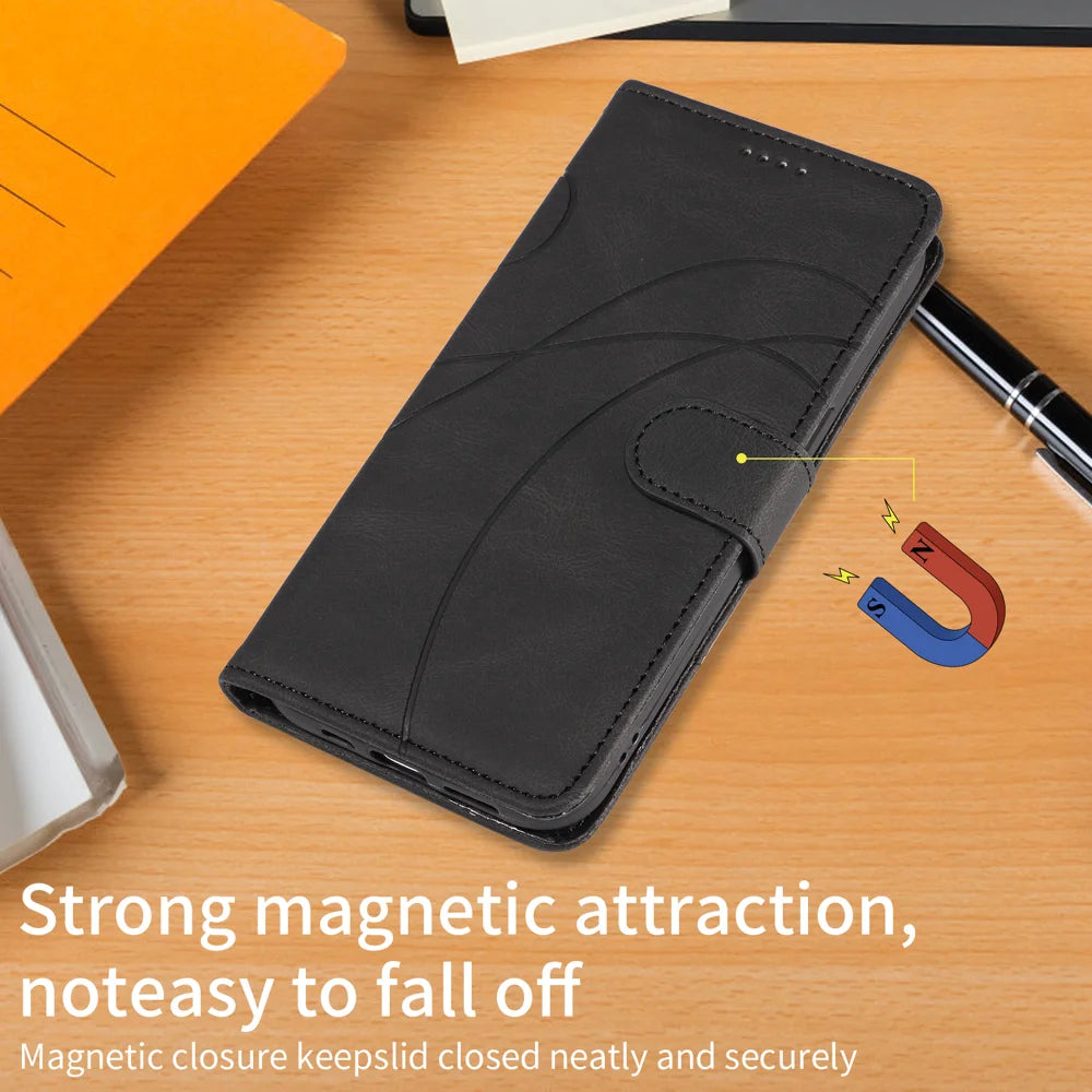 For Samsung Galaxy A57 5G Wallet Case Leather Phone Cover Stand with Curved Line Design -  Black - 5