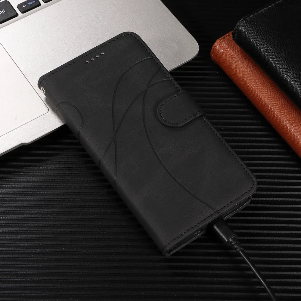For Samsung Galaxy A57 5G Wallet Case Leather Phone Cover Stand with Curved Line Design -  Black - 6