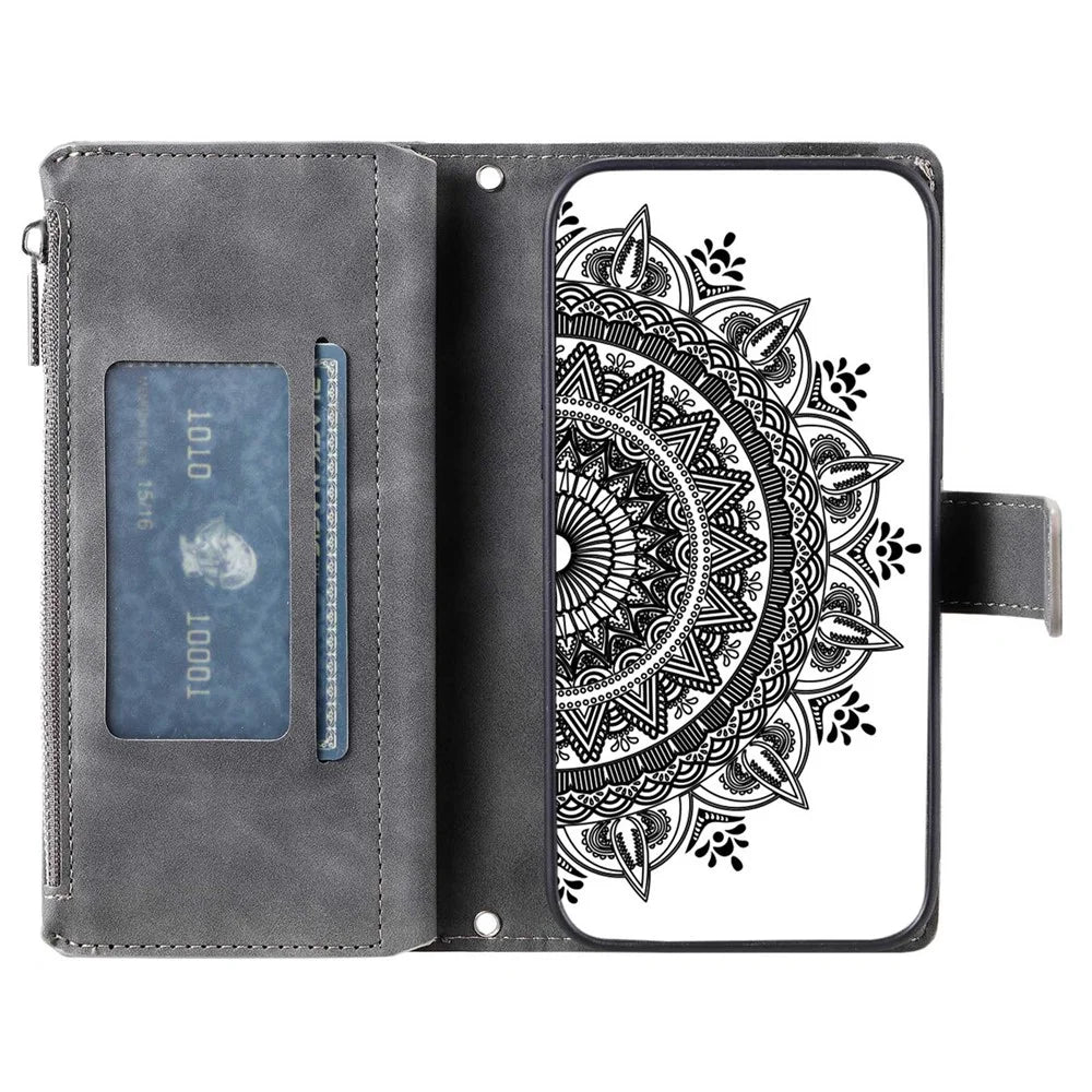 For Samsung Galaxy A22 5G (EU Version) Drop-proof Phone Case Zipper Pocket Wallet Mandala Flower Imprinted PU Leather Stand Cover Multiple Card Slots - Grey - 2