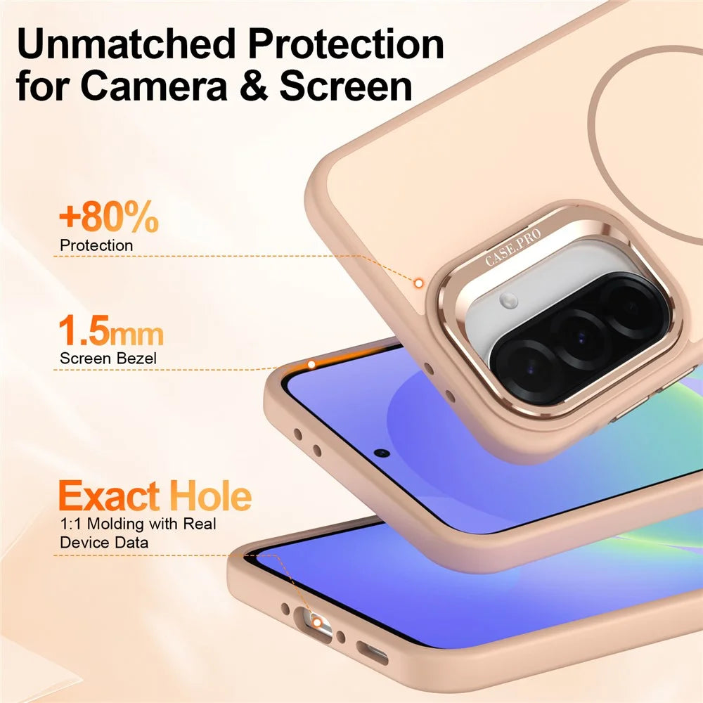 For Samsung Galaxy A34 5G Case Skin-touch PC + TPU Magnetic Phone Cover with Lens Frame Kickstand - Desert Gold - 5