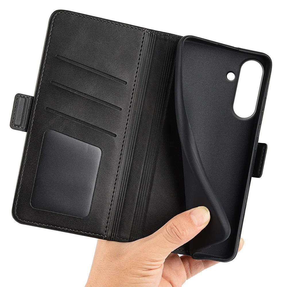 For Samsung Galaxy A37 5G Case Calf Texture Leather Wallet Phone Cover - Black - 5