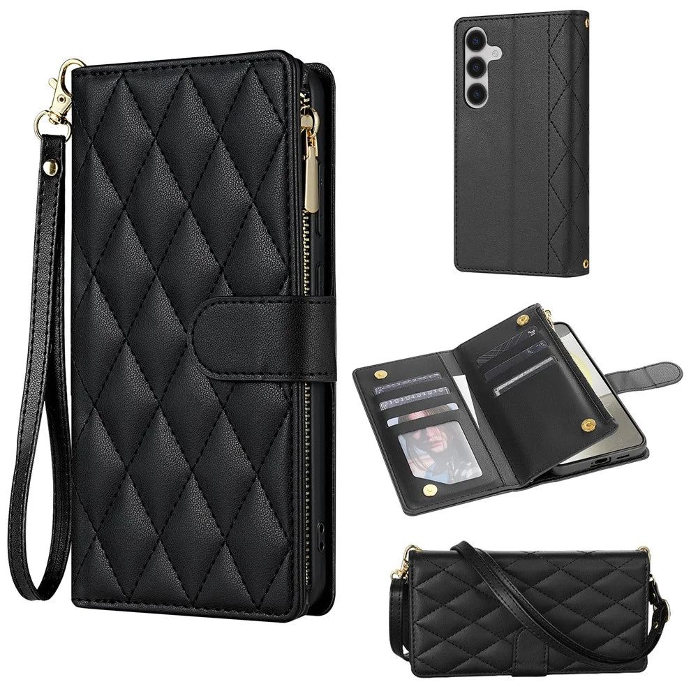 For Samsung Galaxy A57 5G Case Rhombus Stitching Leather Wallet Phone Cover with Long   /   Short Strap - Black - 1