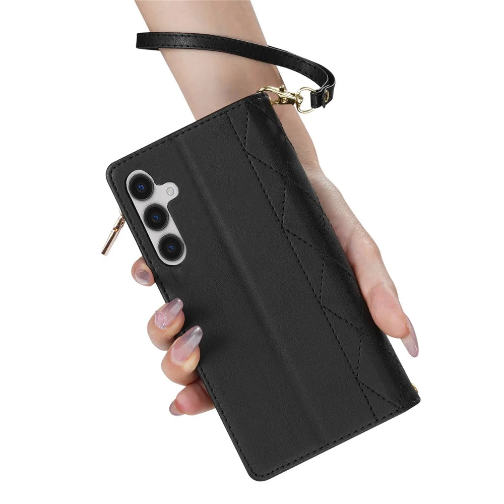 For Samsung Galaxy A57 5G Case Rhombus Stitching Leather Wallet Phone Cover with Long   /   Short Strap - Black - 5