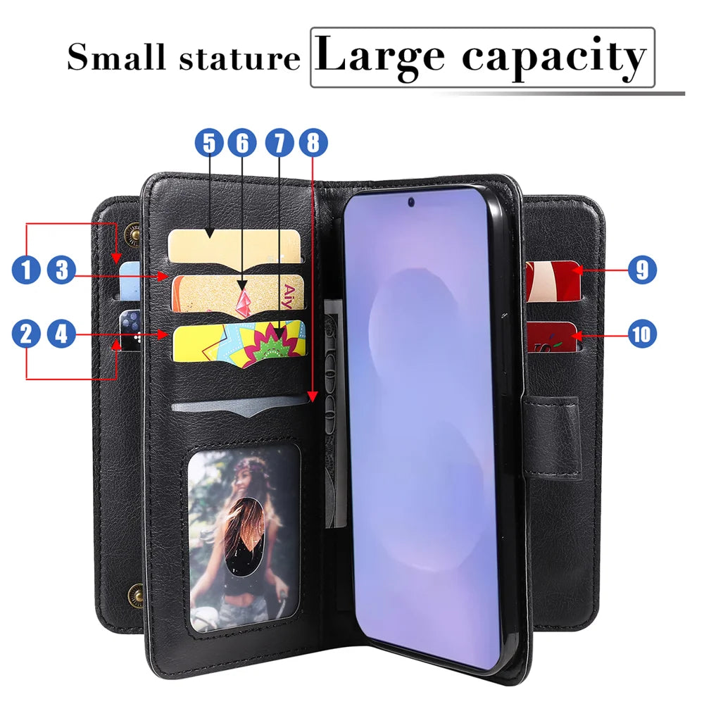 For Samsung Galaxy S26+ Leather Case with 10 Card Holder Phone Cover Stand - Black - 4