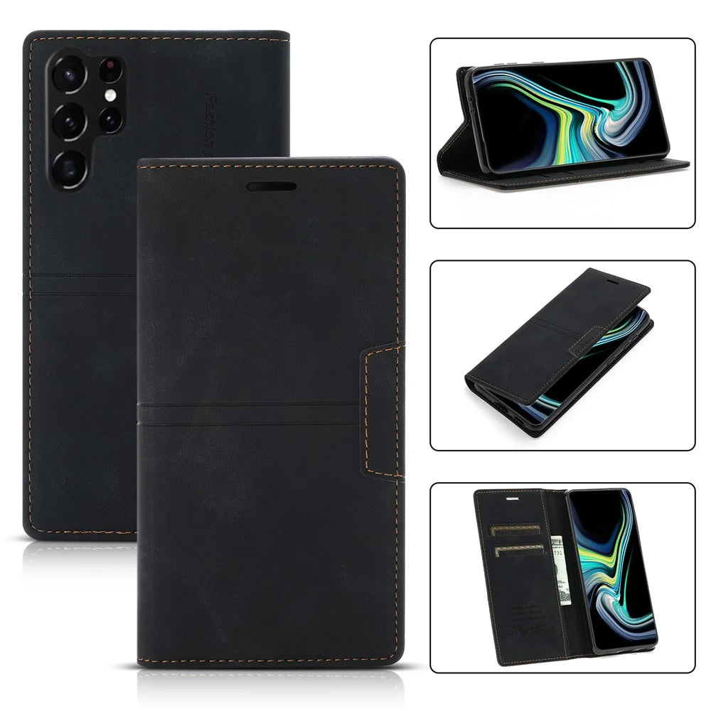 For Samsung Galaxy S26 Ultra Wallet Case Magnetic Closing Leather Phone Cover - Black - 1