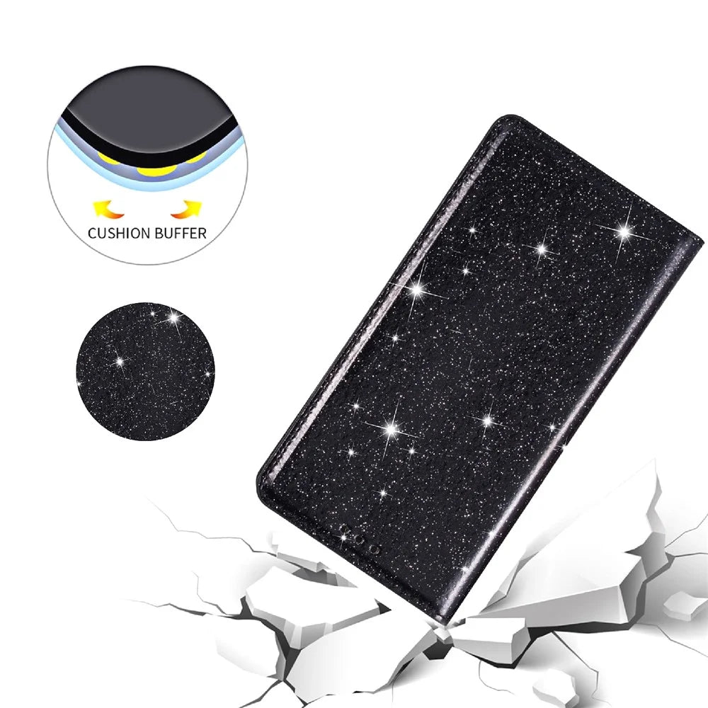 For Samsung Galaxy S26 Case Glittery PU Leather + TPU Card Slot Phone Cover - Black - 5