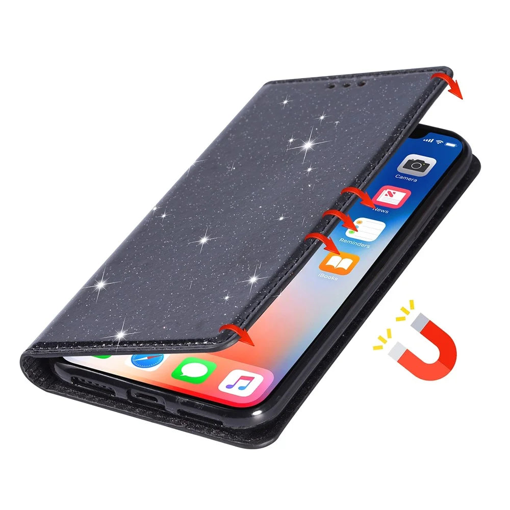 For Samsung Galaxy S26+ Case Glittery PU Leather + TPU Card Slot Phone Cover - Black - 4