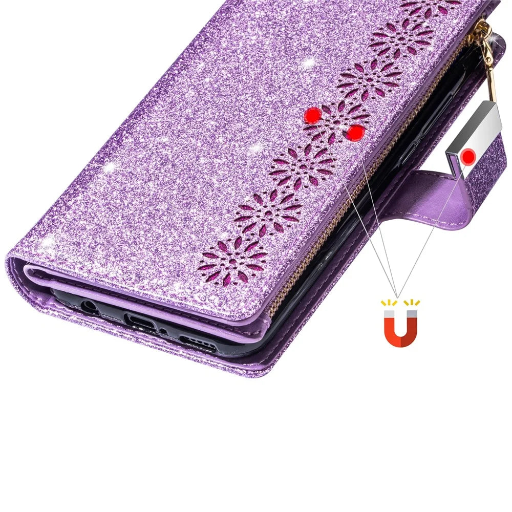 For Samsung Galaxy A37 5G Case Starry Sky Carving Leather Wallet Phone Cover with Wrist Strap - Purple - 6