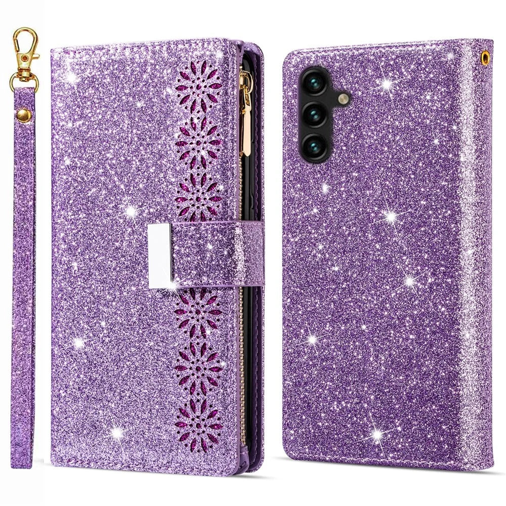 For Samsung Galaxy A57 5G Case Starry Sky Carving Leather Wallet Phone Cover with Wrist Strap - Purple - 1