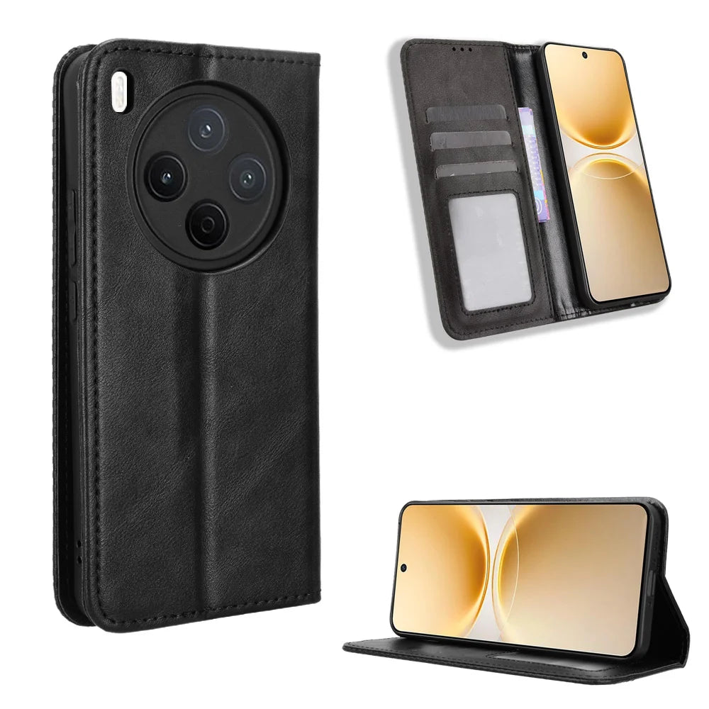 For vivo Y500 Pro 5G Leather Case Wallet Stand Retro Texture Phone Cover - Black - 1