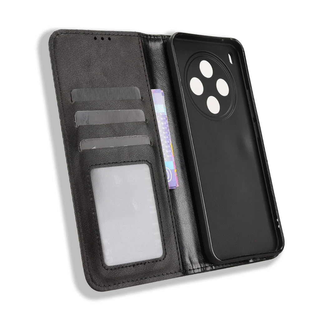 For vivo Y500 Pro 5G Leather Case Wallet Stand Retro Texture Phone Cover - Black - 5