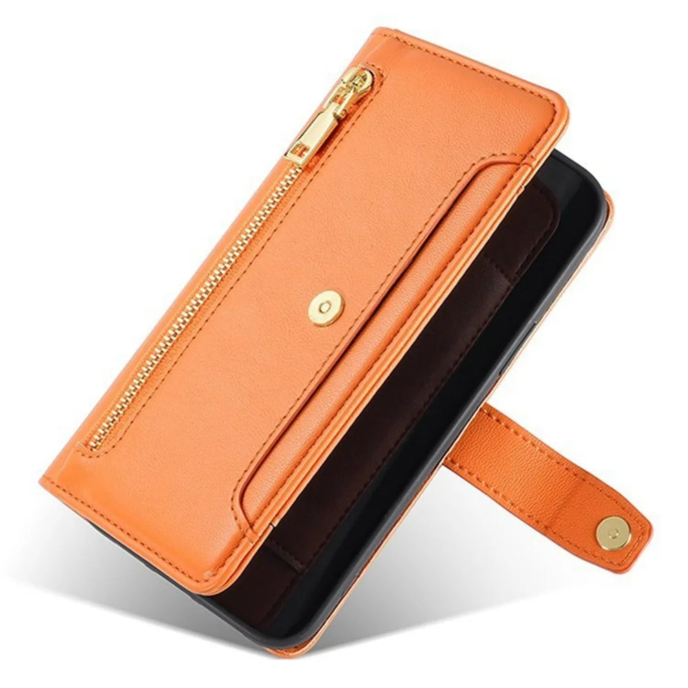 For OnePlus 15 5G Leather Case Zipper Pocket Wallet Phone Cover with 2 Straps - Orange - 5